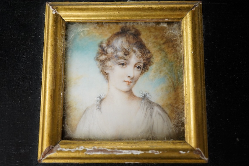 Regency School, Portrait miniature of a young lady before a landscape, watercolour on ivory, 5 x 5cm, housed in an ebonised and gilt frame CITES Submission reference ZWL53B45